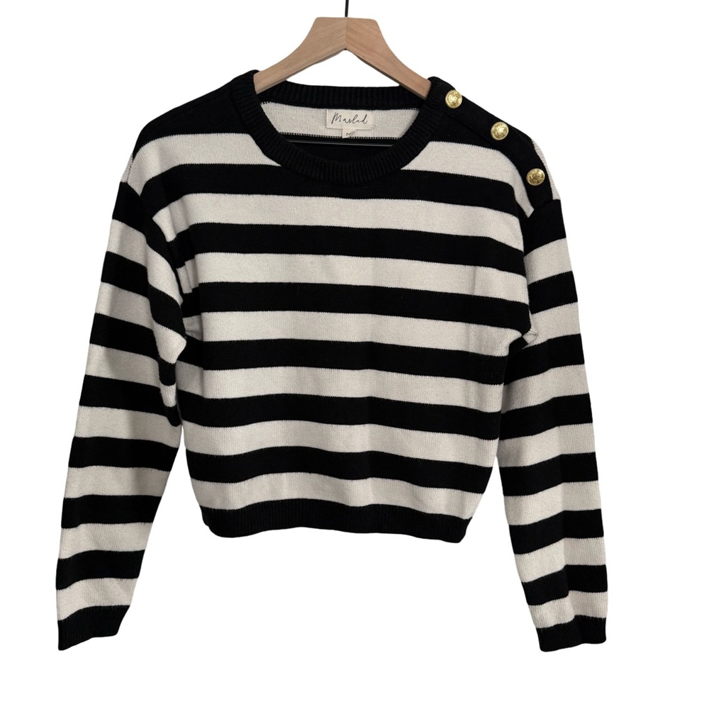 Marled Black & White Striped Button Shoulder Sweater | Size M